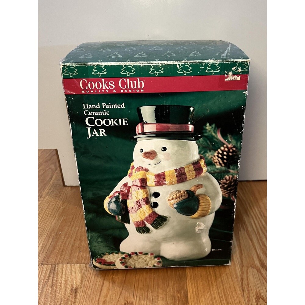 Cooks Club Snowman Cookie Jar Hand Painted Ceramic Holiday Christmas Decor Gift